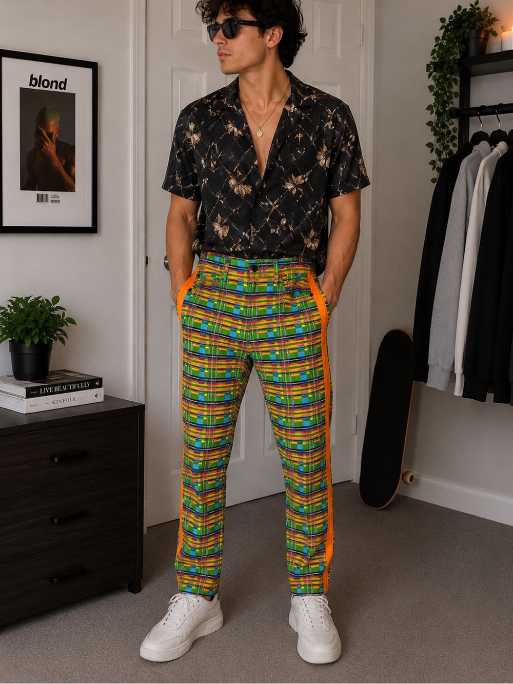 Slim Plaid Men's Jeans in Green with Orange Side Trim